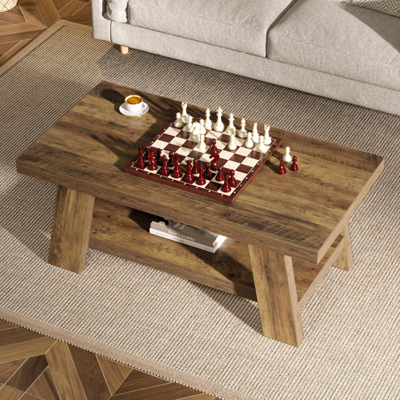 47.2'' Farmhouse Coffee Table with Storage, Rustic 2-Tier Wooden Center Table for Living Room or Home Office, Rustic Brown