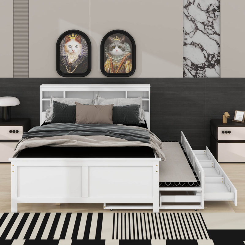 Lit plateforme avec tête de lit, USB, lit simple et tiroirs, Lit double, Blanc