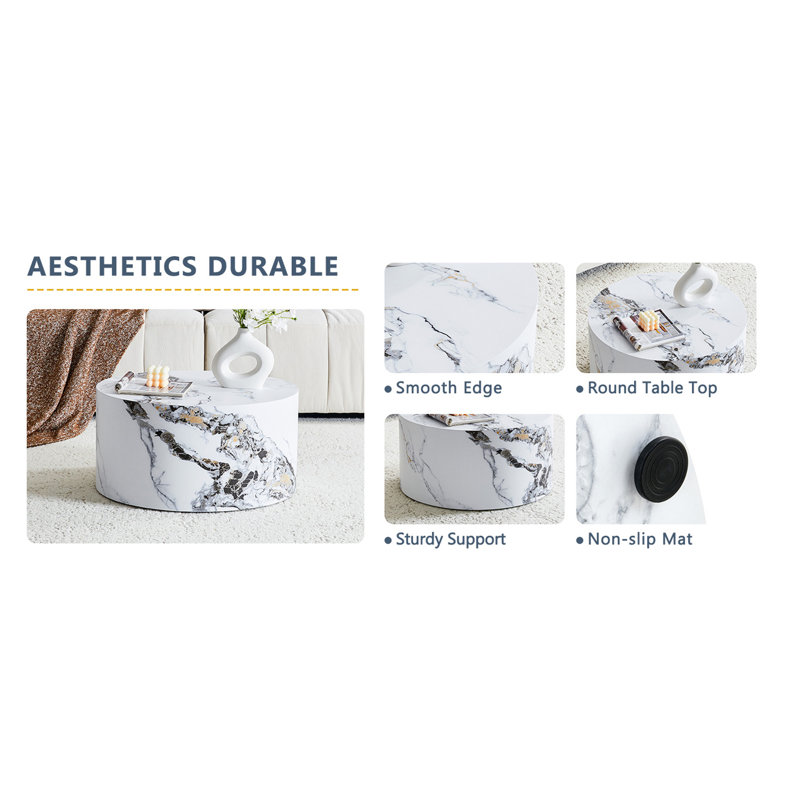 Simple  Marbletexture Round MDF Coffee Table: 23.6" Diameter × 11.8" Height, White