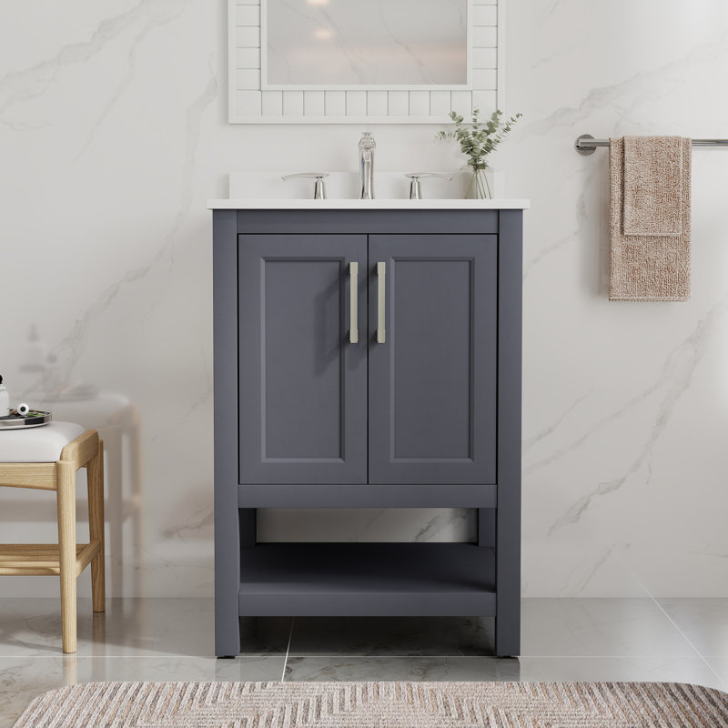Meuble-lavabo simple 24 po en pierre reconstituée avec tablette et dosseret ouverts