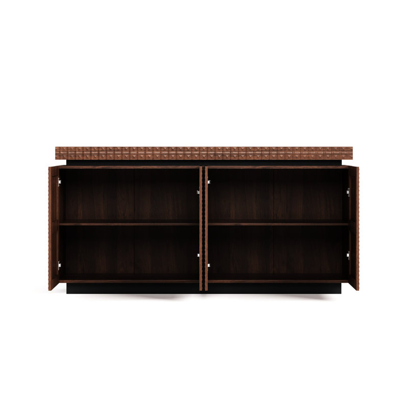 Buffet brun à 4 portes avec tablettes à plusieurs niveaux, portes pliantes et finition texturée pour le couloir du salon, rangement moderne à double usage de 58,3 po de largeur, esthétique contemporaine