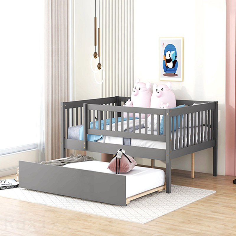 Lit de jour double en bois avec couchette et garde-corps, gris, Full, Grey
