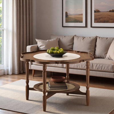 Mid-Century Style Coffee Table with 2-Tier Storage, White Crackle Pattern Glass Top and Petal-Shaped Design