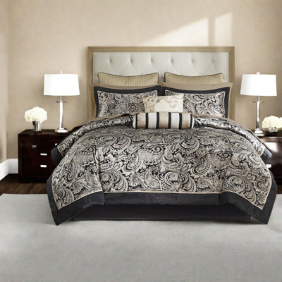 Elegant 12-piece Bedding Set Black Cotton Queen Modern Design