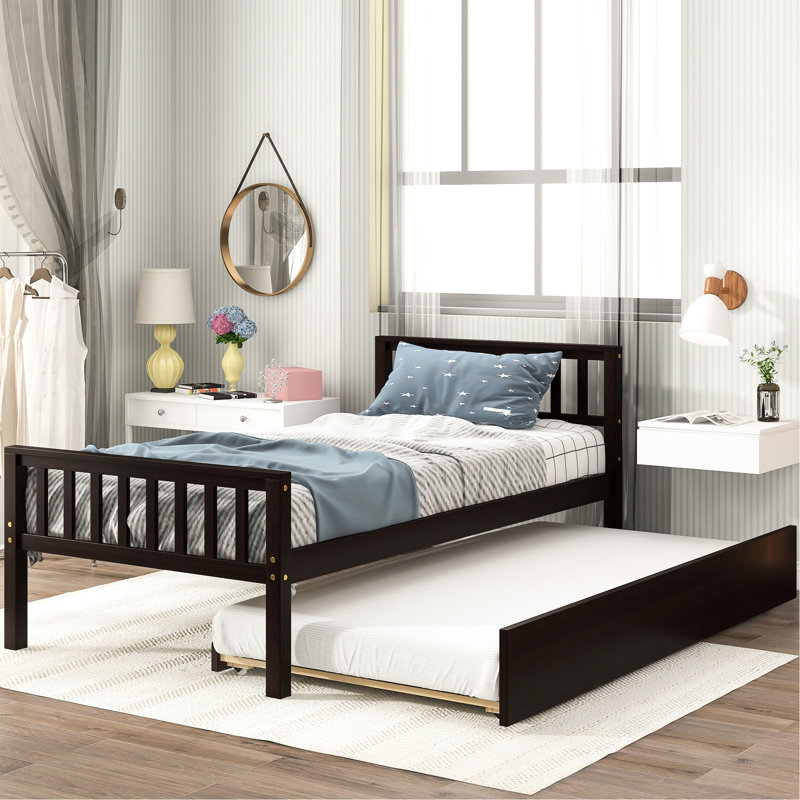 Twin Bed With Trundle, Platform Frame Headboard And , No Box Spring Needed For Compact Bedrooms, Pull - Out Trundle Extra Option, Space Saving Design, Pine, Quick Setup Perfect Small Living Areas,