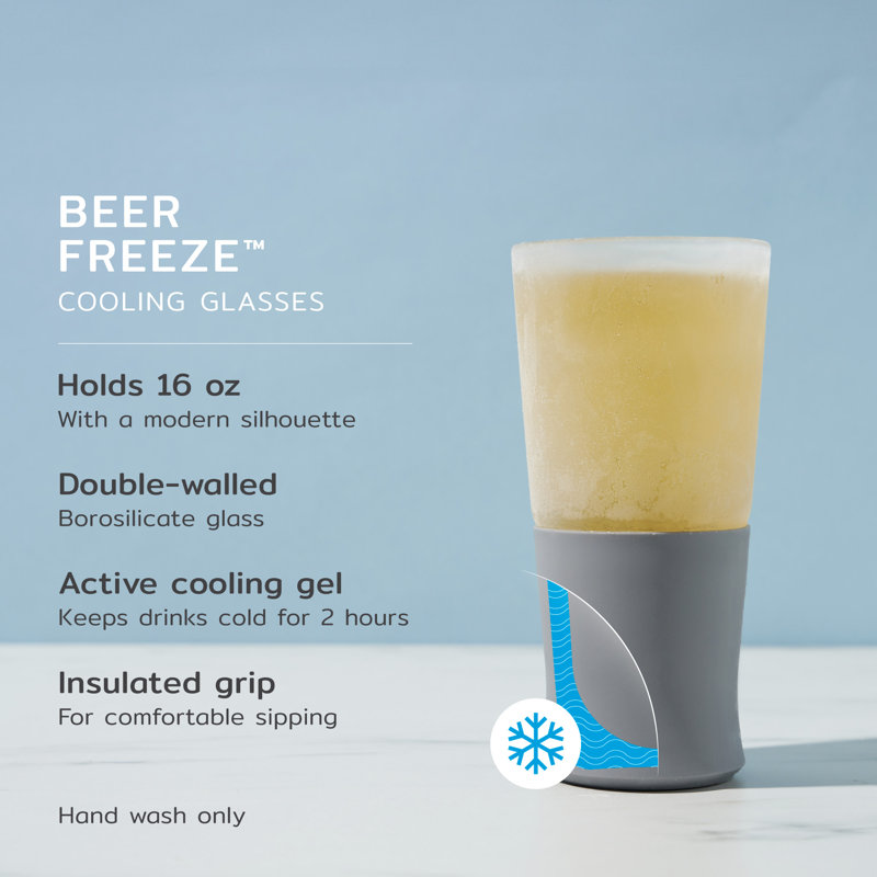 Gray Double Wall Glass Beer Freezer Set, 16oz, 2 Pieces