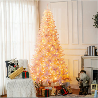 Tall Prelit Christmas Tree Douglas Fir Artificial Christmas Tree with Realistic Branches, 500 Warm White LED Lights and 1346 Tips, Pink