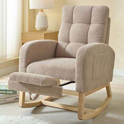 Brown Teddy Bear Rocking Chair With Footrest And Side Pockets, Modern Nursery Style, Comfortable Cushioned Design, Suitable For Living Room Or Bedroom by George Oliver