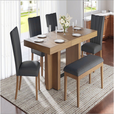 Farmhouse 78.1inch Extendable Wood Dining Table Set for 6, Kitchen Table Set with Bench and 4 Upholstered Chairs,3.8inch Thick Tabletop and Trestle Le