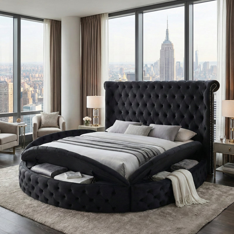 Mirna Upholstered Velvet Round Storage bed with Wingbacks, King, Black