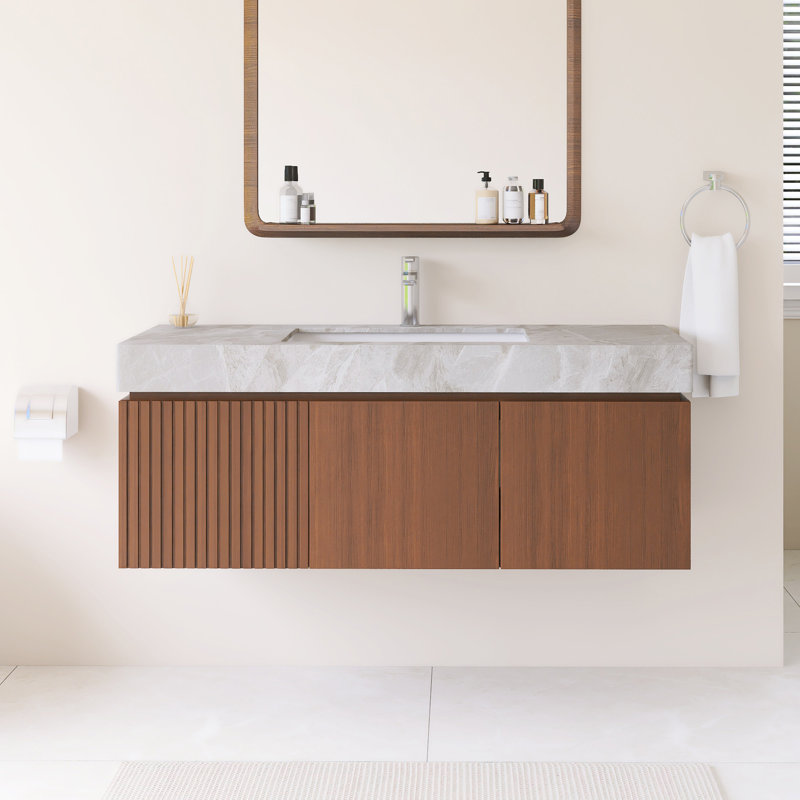 Meuble-lavabo mural simple avec comptoir en pierre frittée gris clair