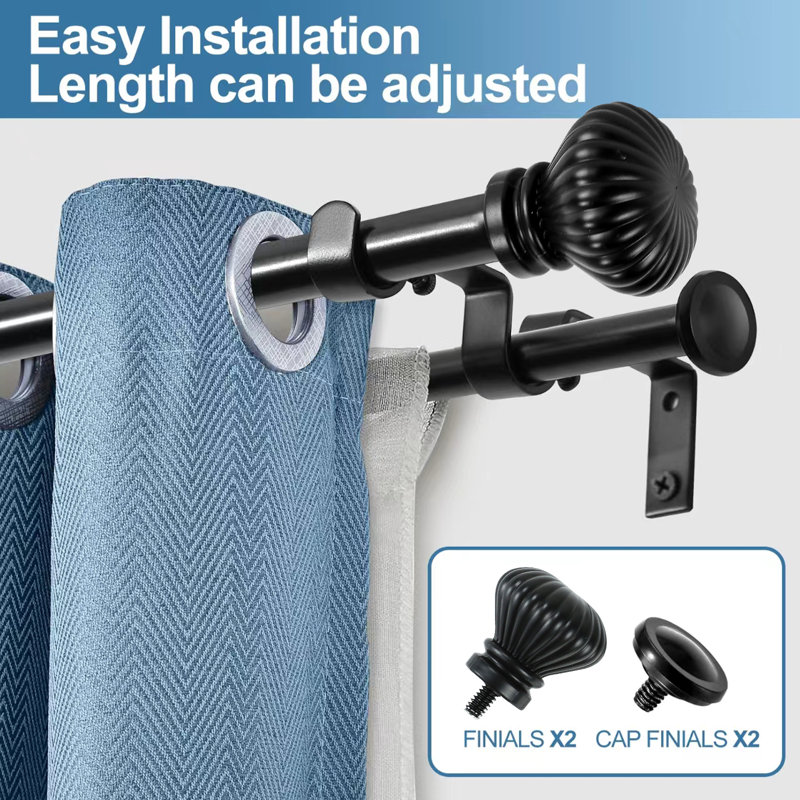 Tringle à rideaux double ajustable Sigmund, Noir, H 0,625 po x l 84 po x P 0,625 po