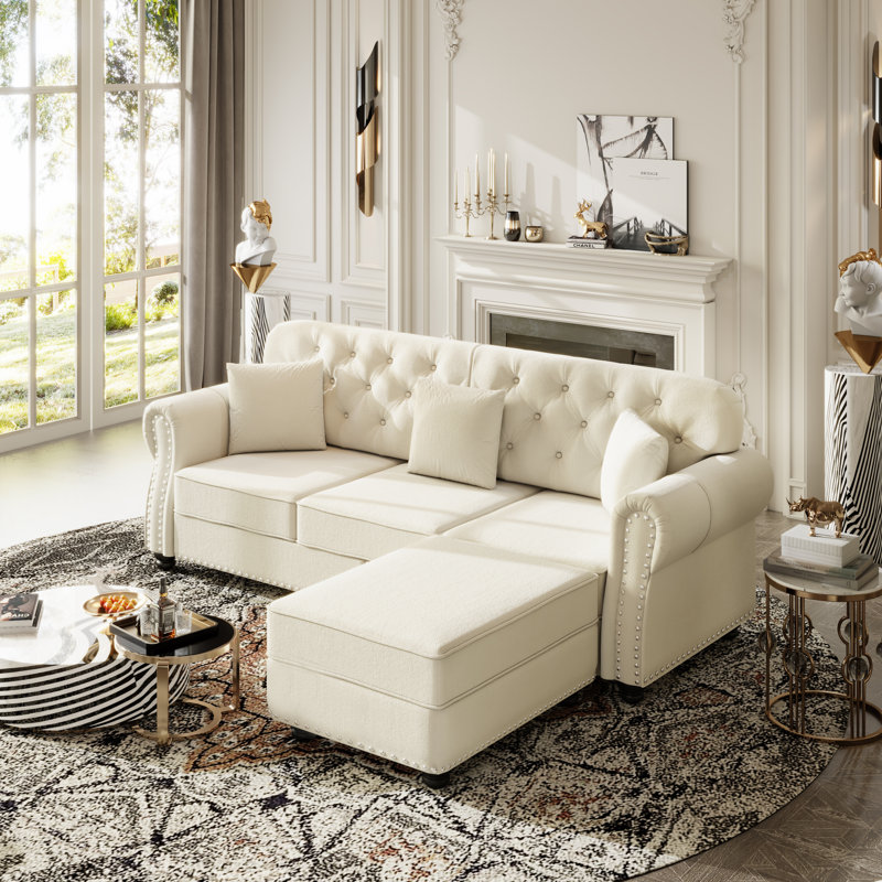 Canapé capitonné en velours 82,6 po Chesterfield, Beige