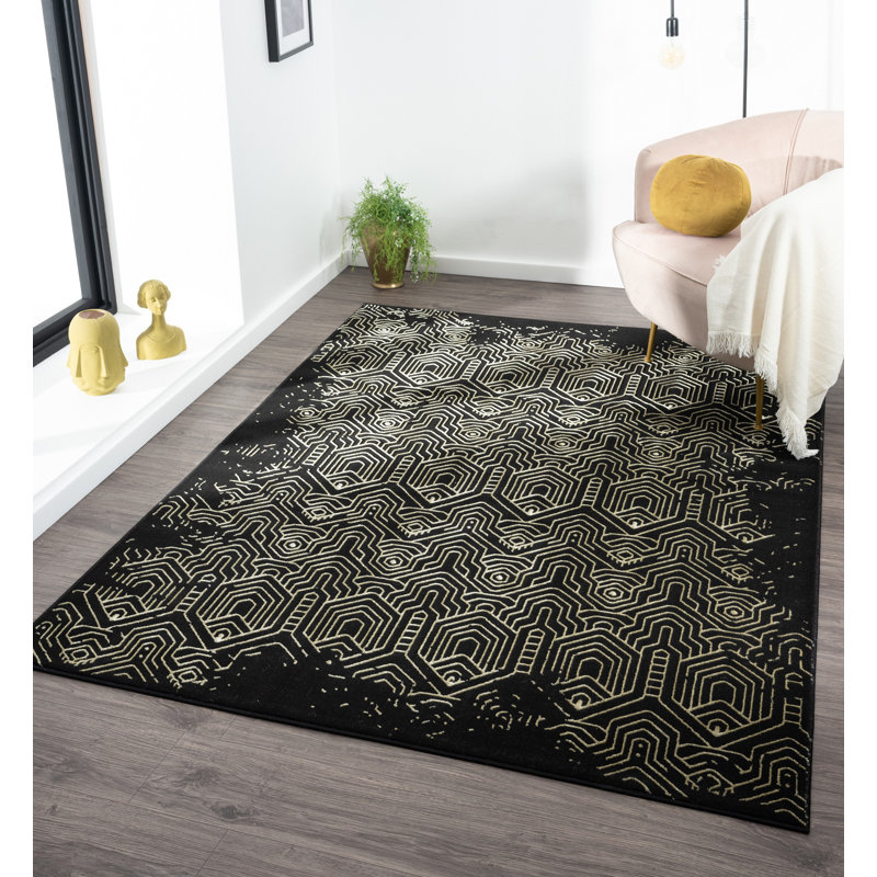 Ksamil Geometric Abstract Area Rug In Black/Gold, Rectangle 3'7" x 5'6"
