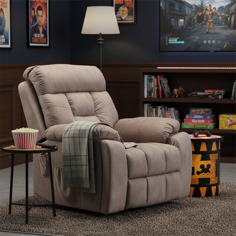 Classic Power Velvet Upholstered Lift Recliner with Storage Pockets and Hidden Cup Holders, Light Brown