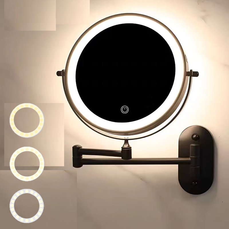 LED Round Metal Wall Mirror Rechargeable Makeup Mirror, 10, Black