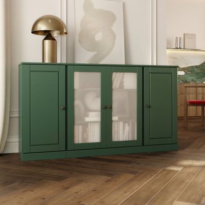 Buffet 100% bois massif 65 po avec portes en verre givré et tablettes réglables