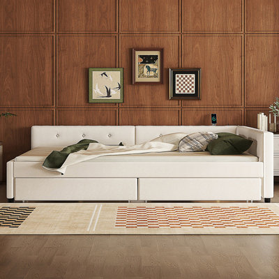 Queen Size Upholstered Platform Bed With USB And 2 Drawers