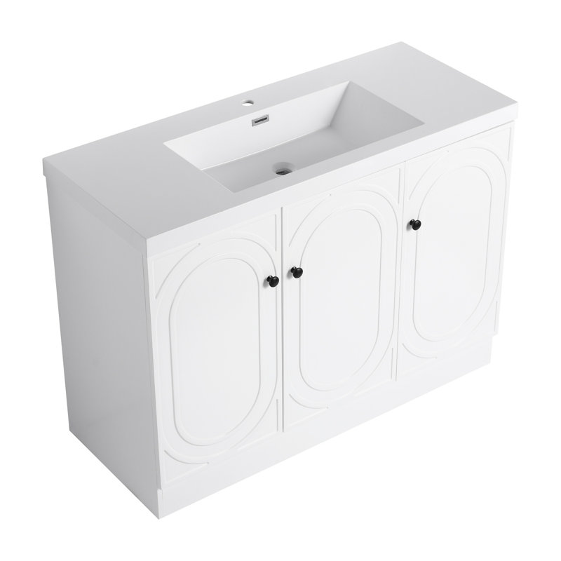 Lavabo de salle de bain autoportant en résine blanche 48 po et 3 portes d'armoire à fermeture en douceur (emballage KD), meuble-lavabo