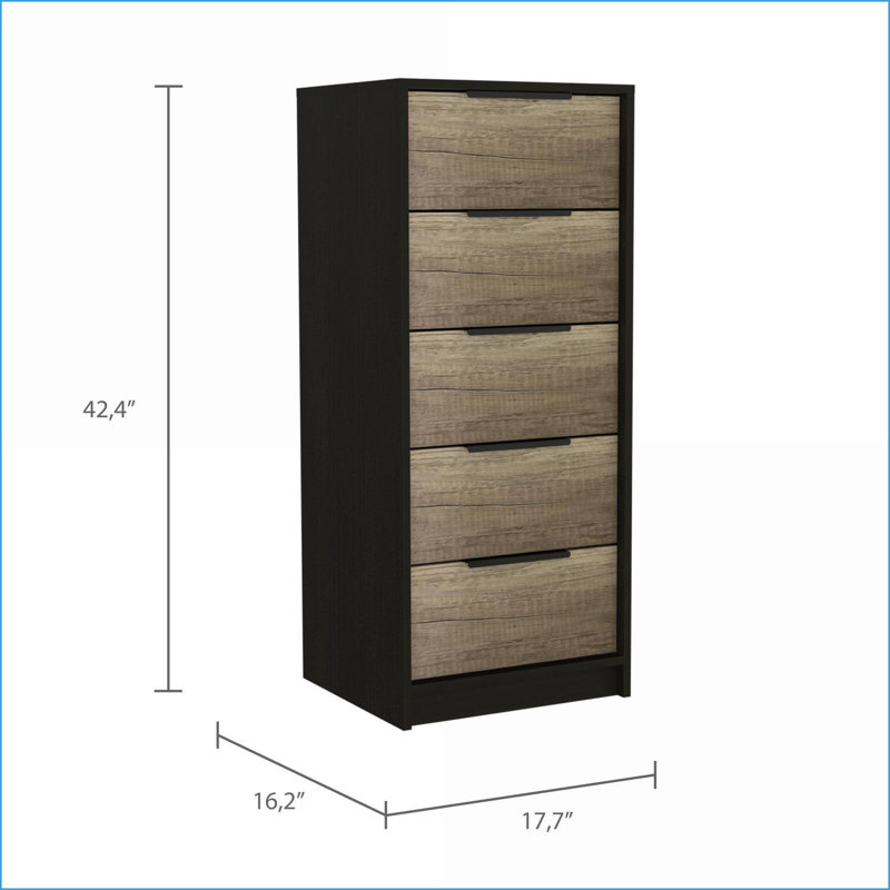 Dressers, Kaia 42'' High Slim Vertical 5 Drawer Dresser, Black/Pine | Particle Board | Multicolor
