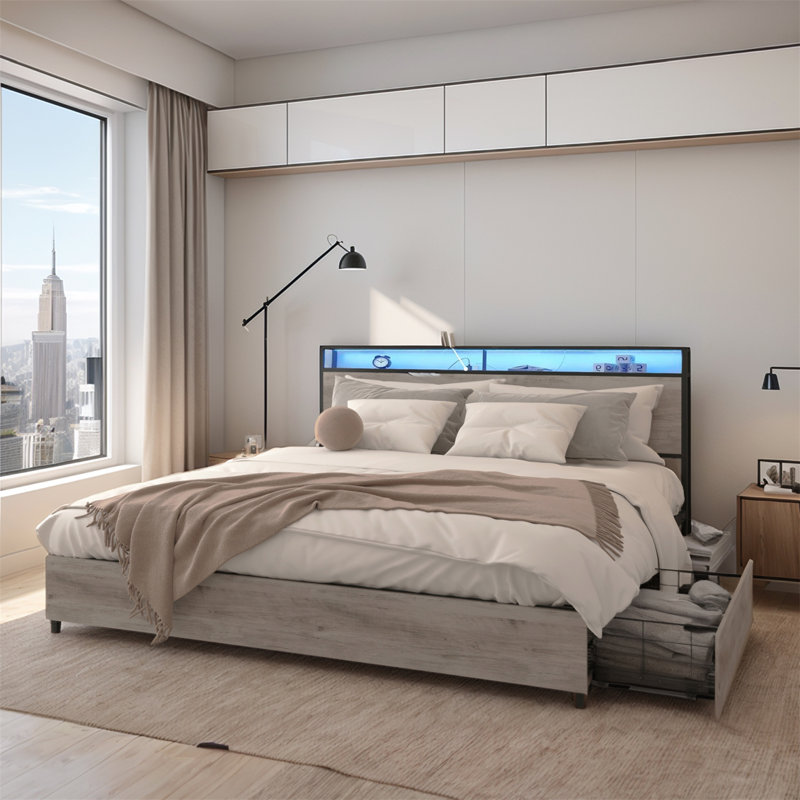 LED Bed Frame With Drawers,Headboard And Charging Station, Gray, King