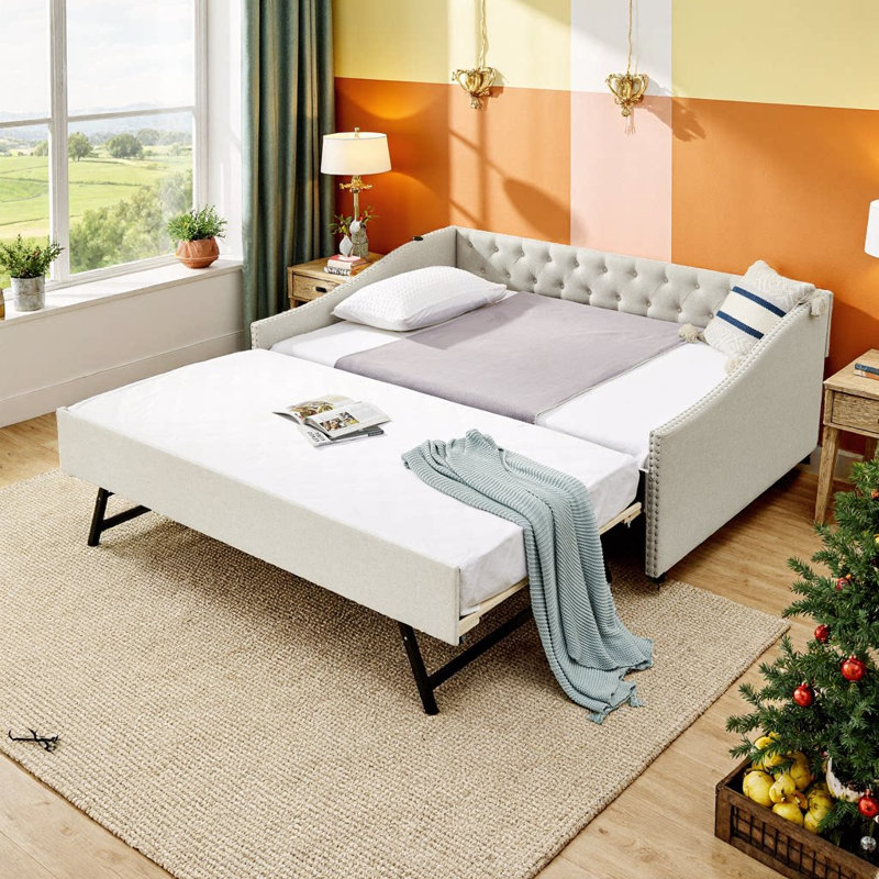 Lit de jour en bois d'eucalyptus avec charge USB et extension coulissante, capacité de 300 lb, Beige