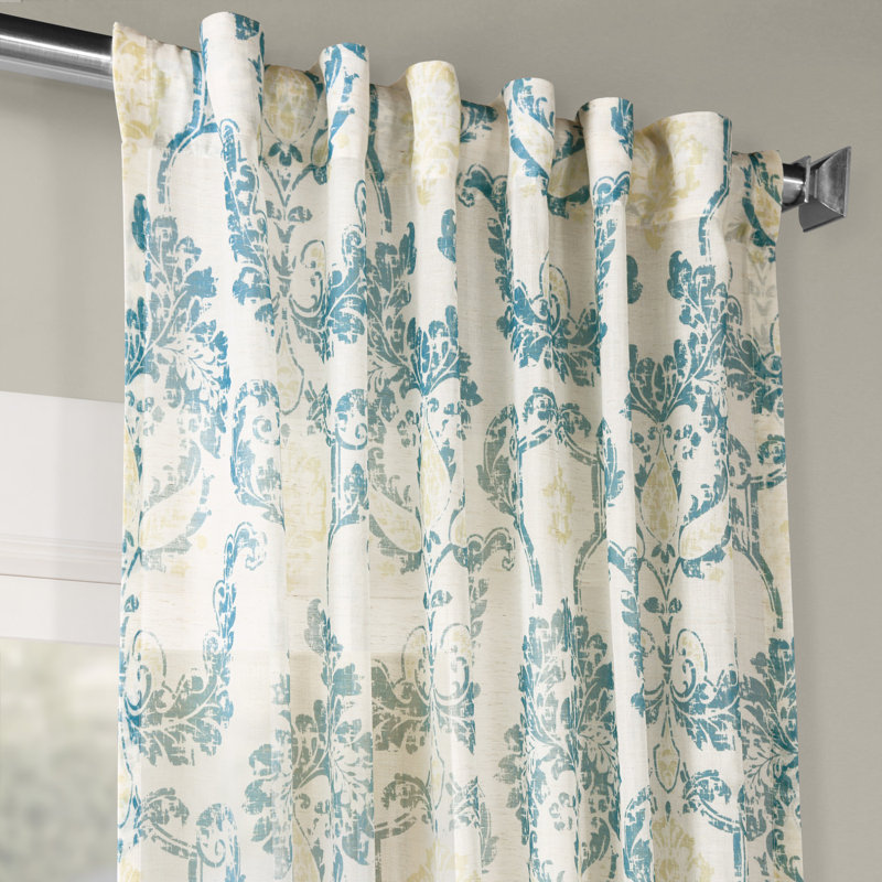 Damask Sheer Single Curtain Panel, 50" W x 84" L, Terrace Teal