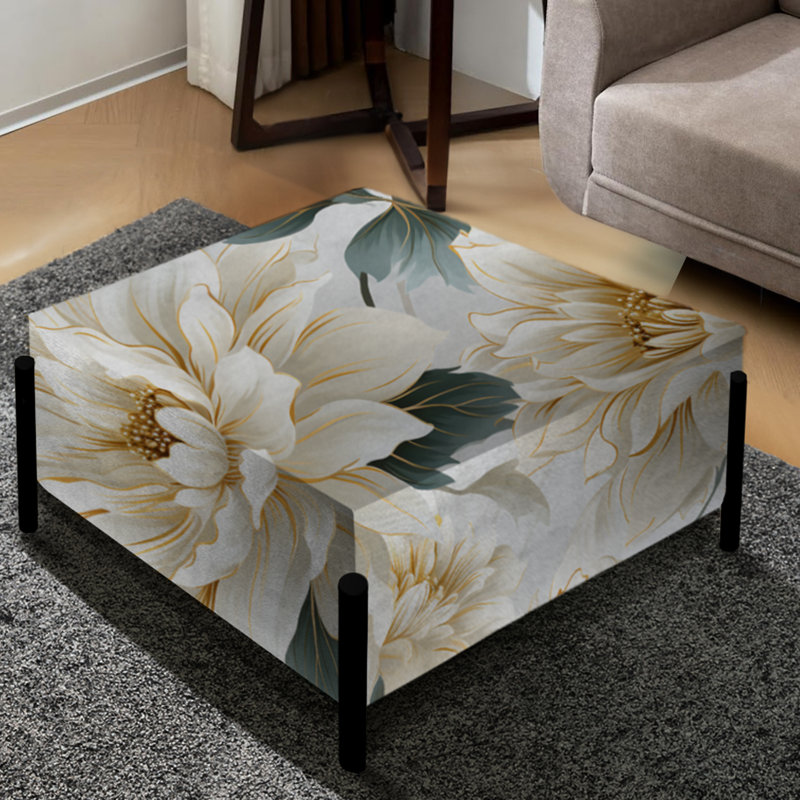 Grand repose-pieds carré blanc à motif floral et mandalas Chrysanthemum Boho II