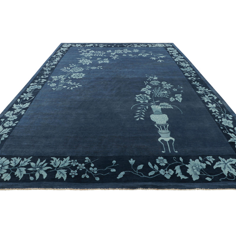 Art Deco Hand Knotted Wool Floral Area Rug, Rectangle 6' x 9'