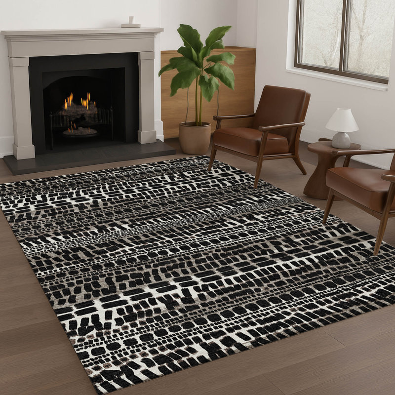 Tapis abstrait intérieur / extérieur lavable à la machine Chantille ACN2540, Noir, Rectangulaire 3 pi x 5 pi