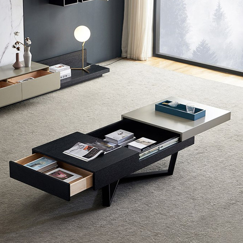 Table basse extensible avec tiroir de rangement, H 15,74 po x L 51,18 po x l 27,55 po, Noir / plateau blanc / base noire