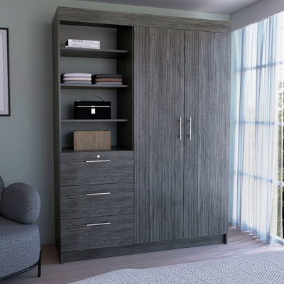 Armoire 3 tiroirs, double porte, tablette 3 niveaux Chêne fumé