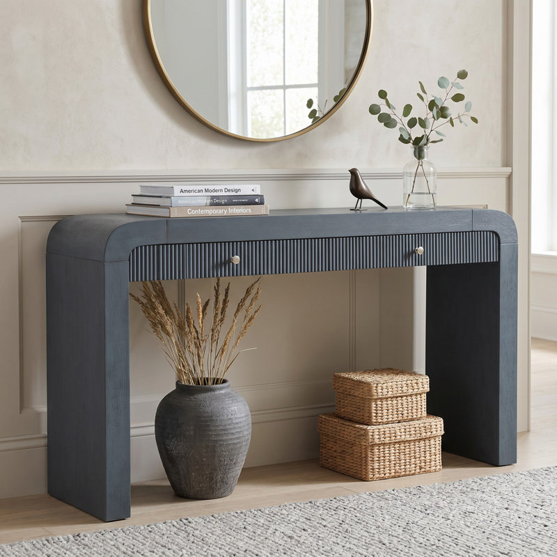 Rustic Console Sofa Table With Fluted Drawer Front For Entryway And Living Room, Navy