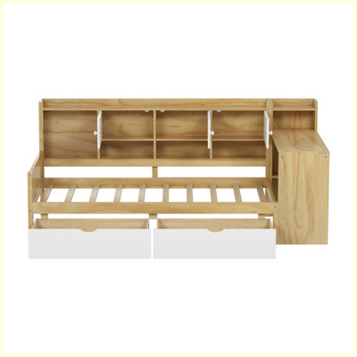Lit de jour en L en bois avec sept armoires de rangement et deux tiroirs de rangement, lit multifonctionnel avec bureau d'étude et bibliothèque intégrée