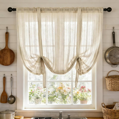 Rideau voilage beige à rayures, style champêtre, avec ourlet à nouer et passe-tringle. Cantonnière en lin transparent pour petite fenêtre de salon (1 panneau).
