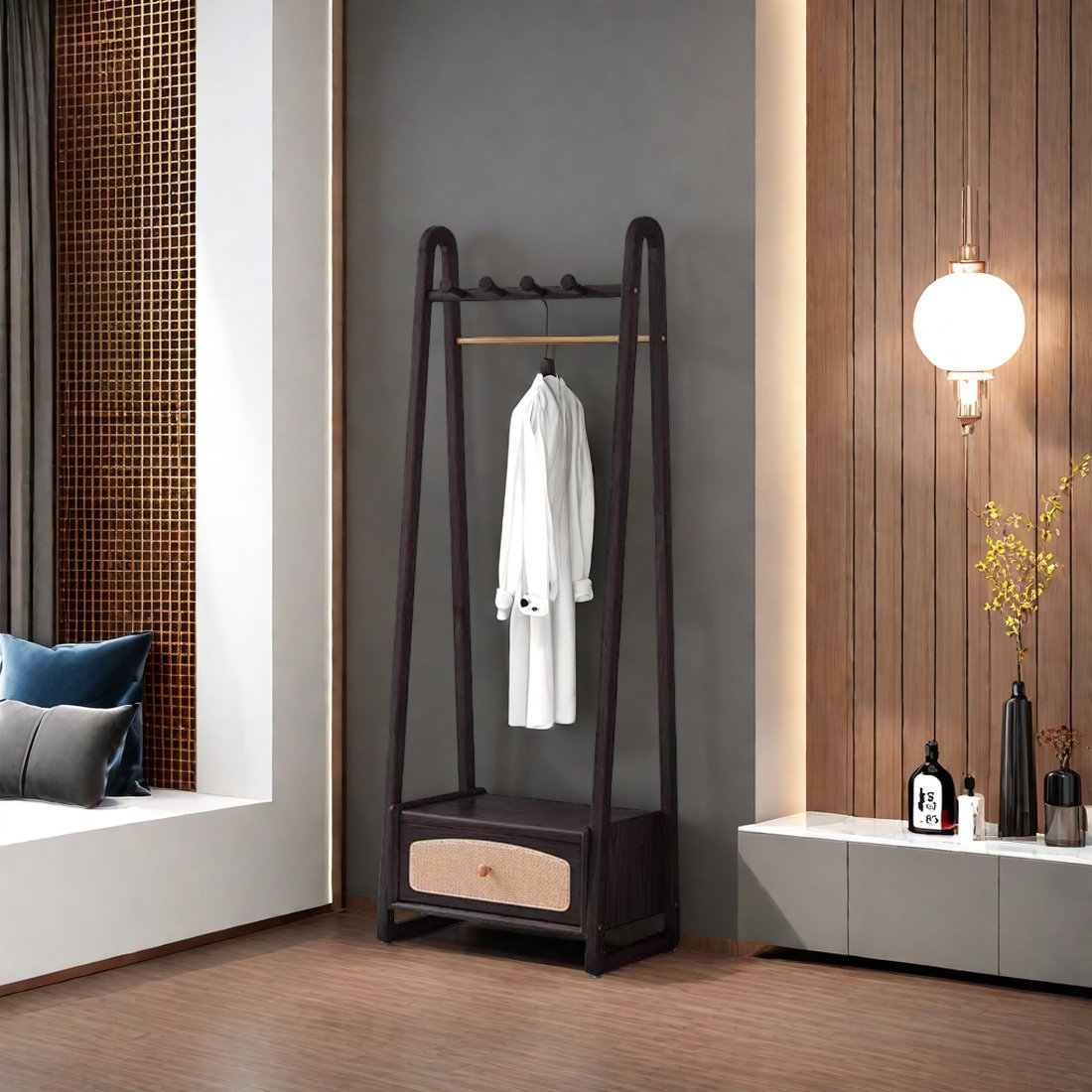 PPEDKS Coat Rack with Rattan Drawer Hooks Multi - Storage | Wayfair