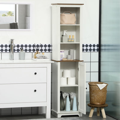 Slim Bathroom Storage Cabinet With Triple Open Shelves, Wooden Freestanding Linen Tower With Door And Shelf Adjustability