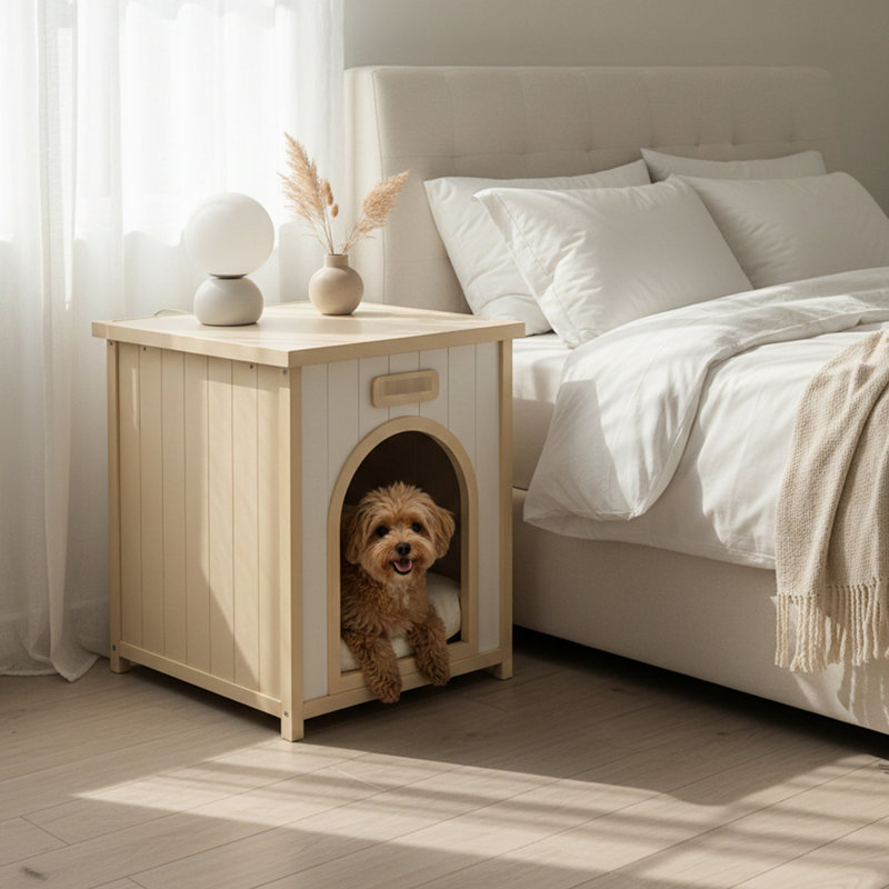 Maison moderne pour animaux avec coussin confortable, table d'appoint double usage, style décontracté américain, jaune pour petits chiens, 21 tables, jaune, motif
