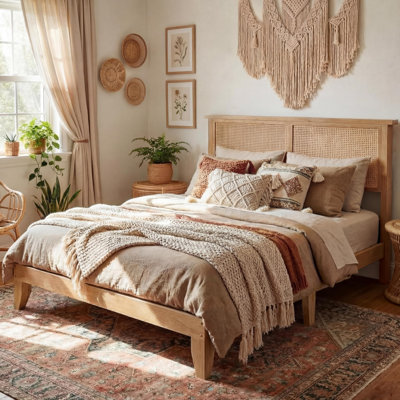 Rattan Bed Frame Full with Natural Rattan Headboard, Bohemian Bed Frame with LED Lights,  with Silent Slats, Mattress , No Box Spring Needed