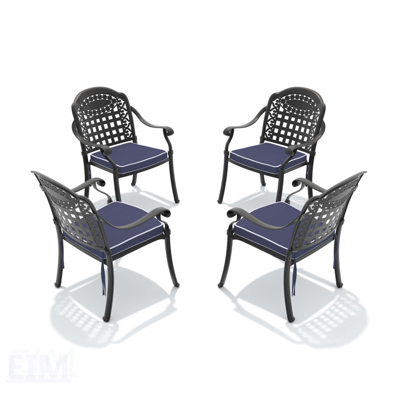 Cast Aluminum Patio Dining Chair Set Of 4 With Weather-Resistant Coating And Comfortable Blue Cushions For Outdoor Use, Blue
