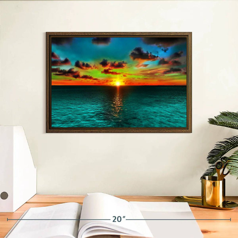 Coucher de soleil et océan, 13 po x 9 po, Cadre flottant en noyer