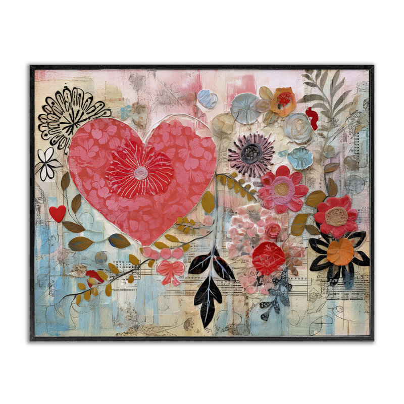 «Playful Heart & Flowers», art de la giclée encadrée par LSR Design Studio, Giclée encadrée noir minuit, H 24 po x l 30 po