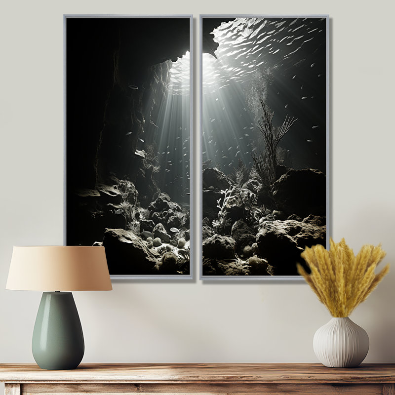 Monde corail noir et blanc sous-marin - art mural côtier, H 20 po x l 24 po, Reproduction encadrée sans passe-partout