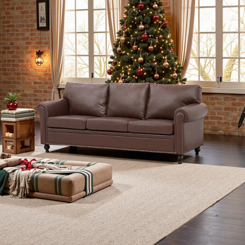 Canapé moderne à 3 places avec support à ressorts, coussin amovible, structure en bois robuste, Brown PU