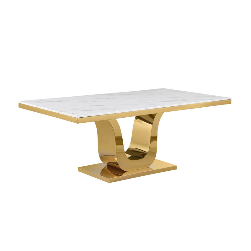 Dontai White Marble Dining Table with Stainless Steel Base, 42" W x 78" L