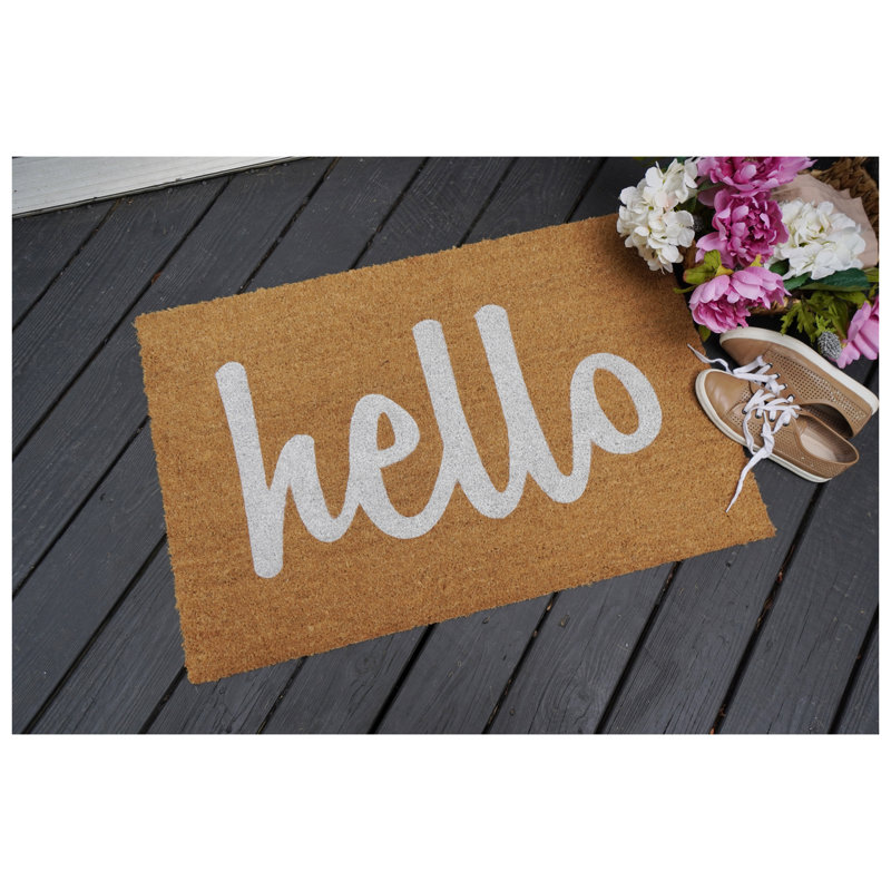 Paillasson d'extérieur antidérapant Carlaysia Hello, Rectangle 2 pi 6 po x 4 pi, Tan/White