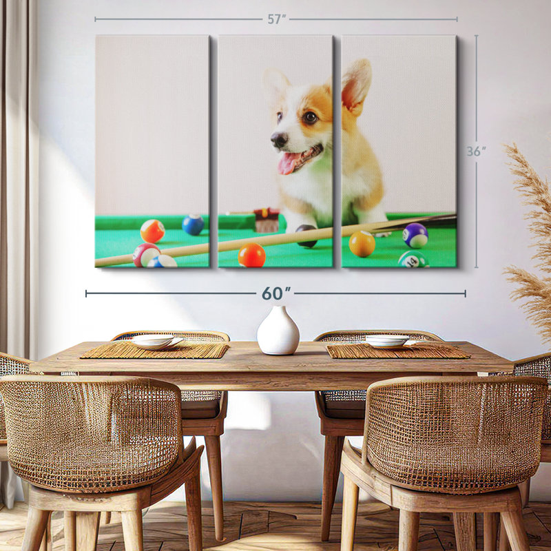 «Dog jouant au billard» sur toile, H 36 po x l 57 po x P 1,25 po