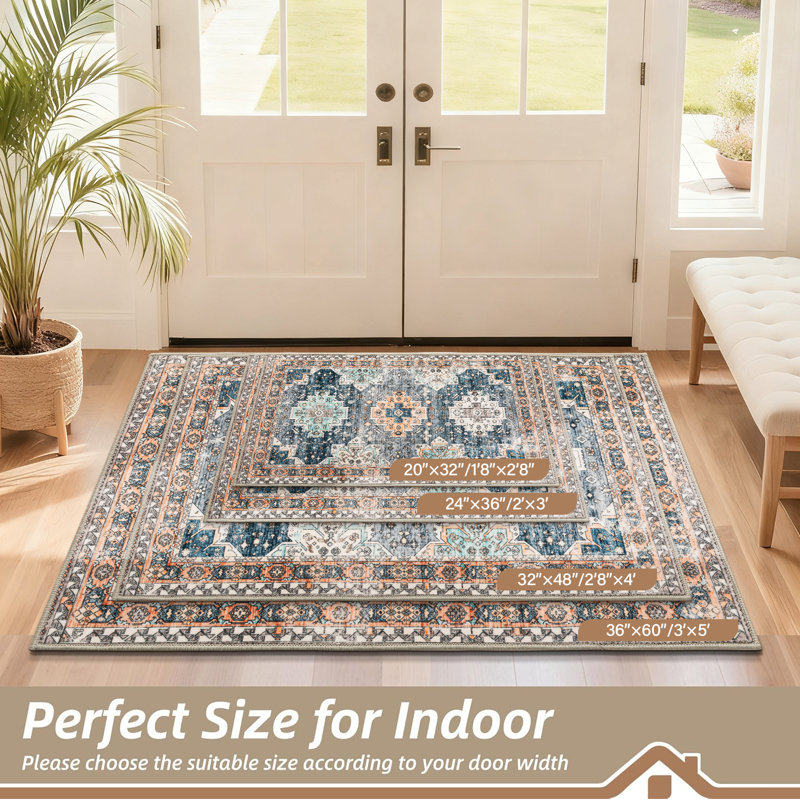 Vintage Medallion Low-Profile Indoor Doormat, Blue, 24''x36''