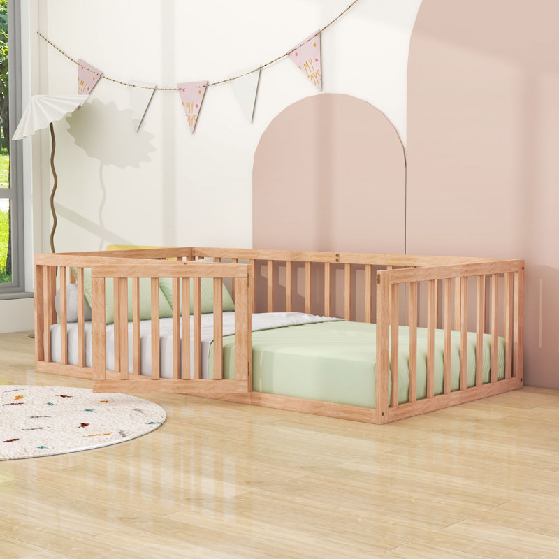 Wooden Floor Bed With Guardrails And Door, Natural