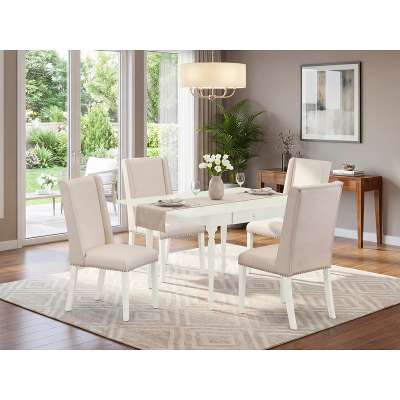 L'ensemble de table de cuisine 5 pièces pour 4 personnes comprend une table de salle à manger rectangulaire avec Dropleaf et 4 chaises de salle à manger Parson en tissu crème, lin blanc
